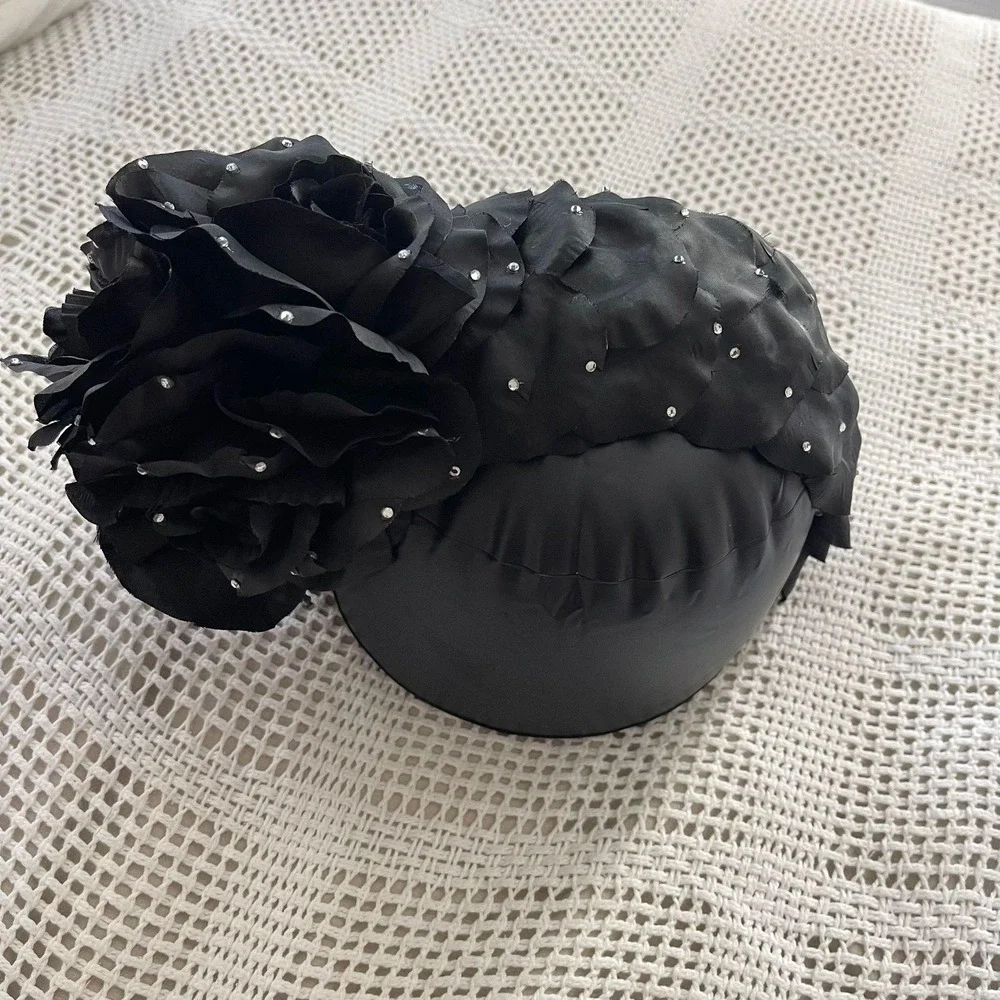 Black Floral Fascinator Hat‎ Rhinestone Rose Flower Headband Race Wedding